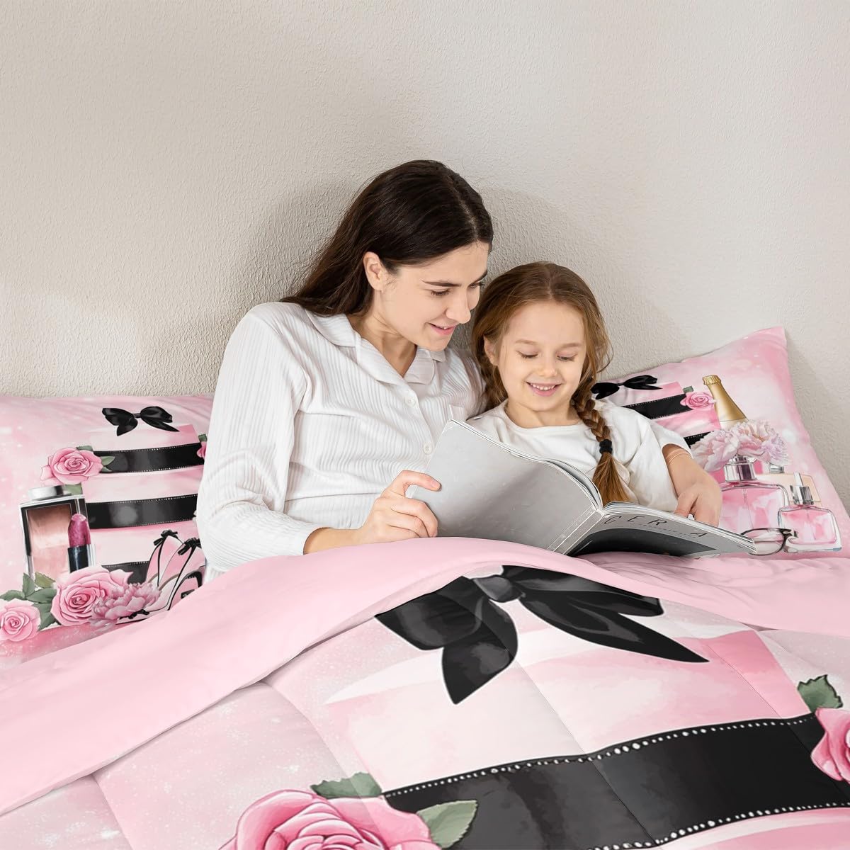 Erosebridal Fashion Luxury Girly Comforter King Size Pink Floral Bedding Set for Girls Women Kids High Heel and Perfume Bed Sets Boho Coquette Trendy Elegant Aesthetic Duvet Insert,Pink and Black