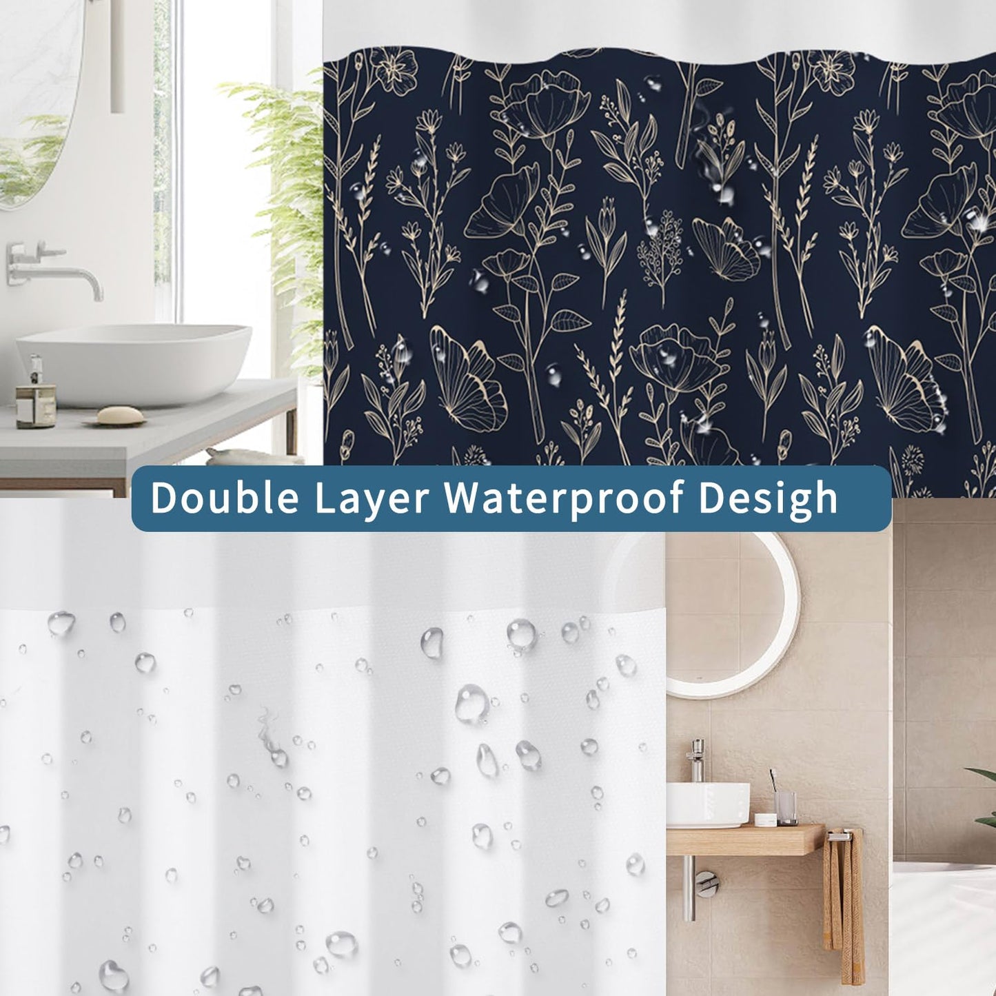 No Hook Shower Curtain with Snap in Liner Set, Dark Boho Navy Gold Forest Botanical Floral Neutral Pretty Waterproof Fabric Shower Curtain for College Dorm Hotel Apartment Bathroom Bathtub, 71x74 Inch