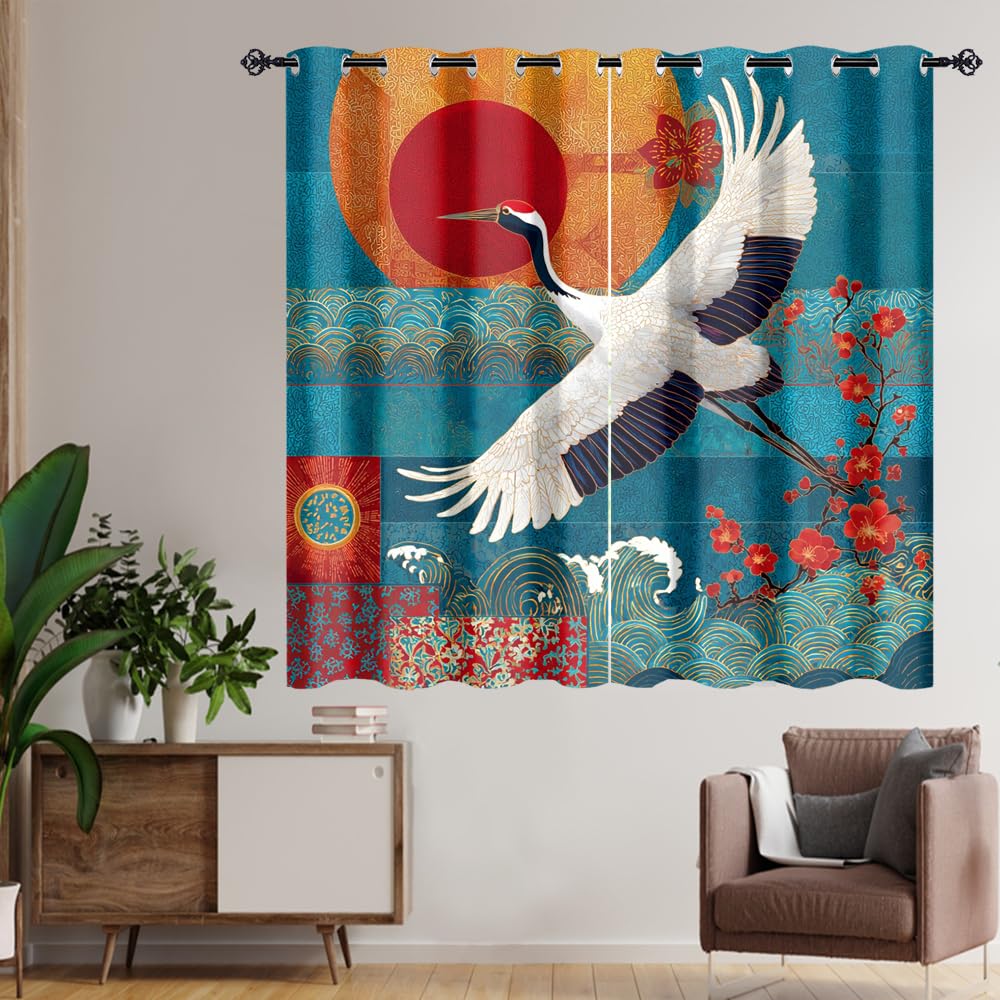 XSUPFLYM Rustic Abstract Japanese Crane Window Perforated Curtains Classic Red Sun Animal Crane Cherry Blossom Great Waves Thermal Curtains Suitable for Bedroom Living Room 2 Panels.Each 21"W x 45"L