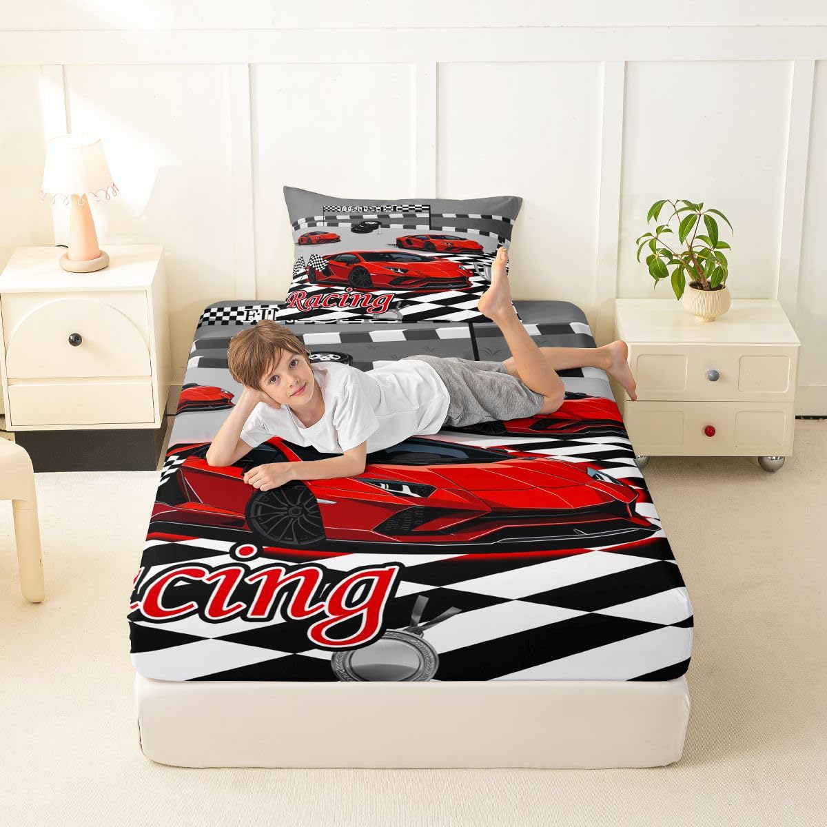 Feelyou Boys Sports Car Fitted Sheet with 1 Pillowcase Twin Size Red Speed Race Car Bed Sheets Set 16" Deep Pocket Boys Girls Racing Extreme Sports Bedding Teens Bedroom Decor Breathable Lightweight