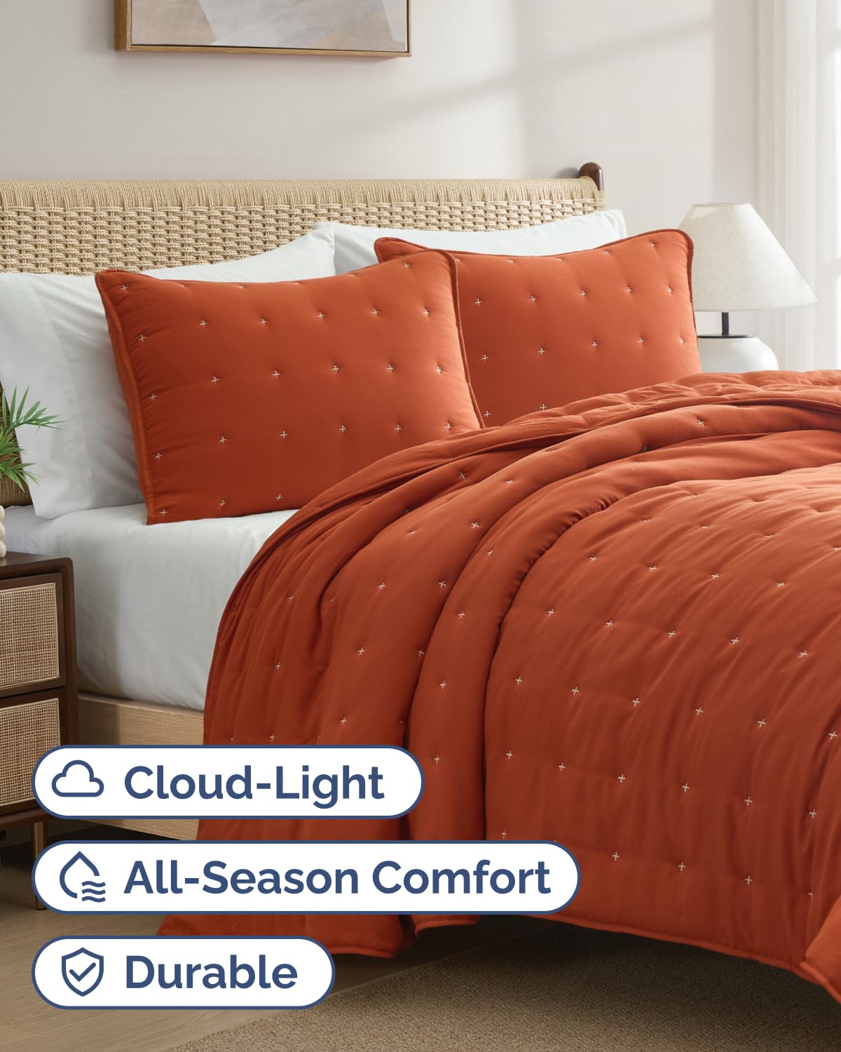 Quilts King Size - Bedspread for King Size - Lightweight Comforter Set - Quilt Bedding Set for All-Seasons - Soft, Breathable and Comfy - Summer Coverlet with 2 Pillow Shams - 106" x 96", Terracotta