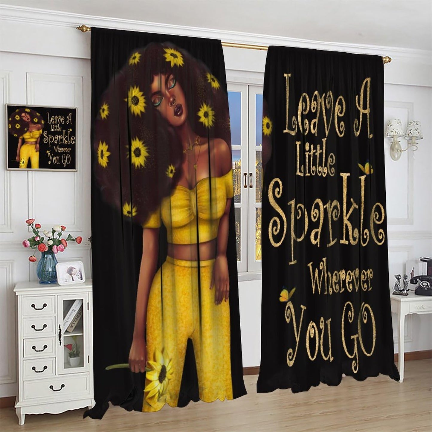 JESTRONRY Black Girl Curtains,Hippie Fashion Sunflower Girl Blackout Rod Pocket Window Drapes for Living Room Bedroom Kitchen Bathroom Home Decor 42x45in