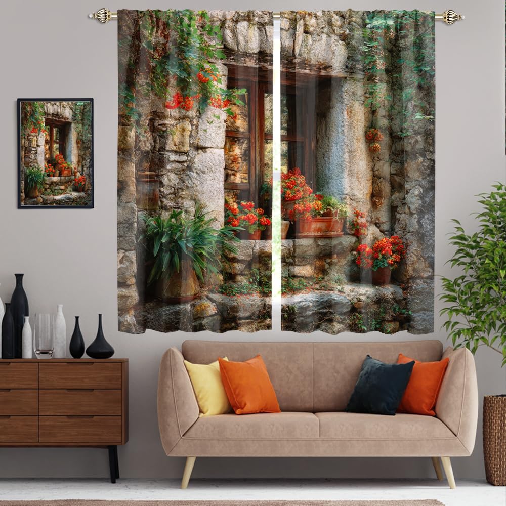 XSUPFLYM Beautiful Rustic Spring Garden Blackout Curtain for Living Room Fantasy Vintage Stone Wall Plant Flowers Pattern Thermal Insulated Curtain for Bedroom 2 Panels Each 21" W x 45" L