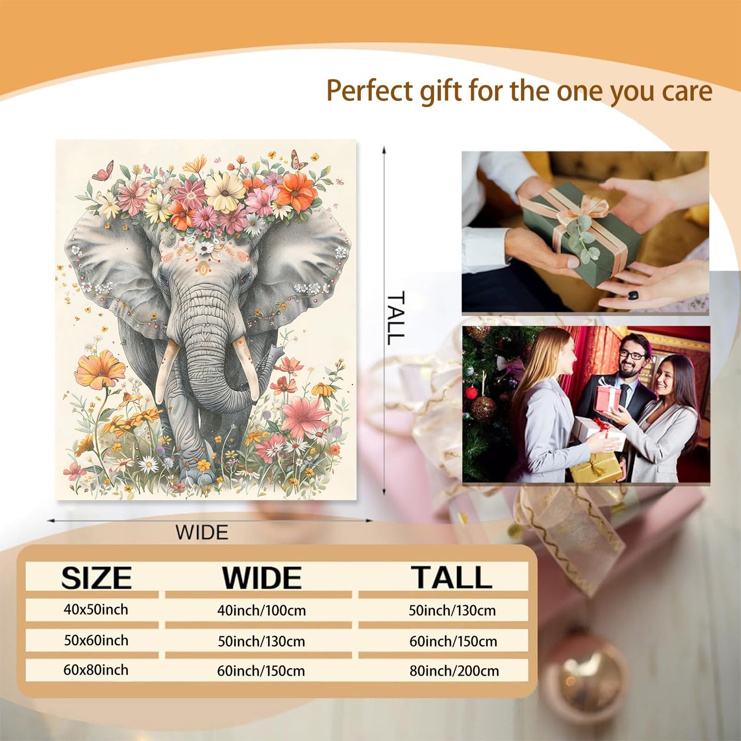 Mounidso Floral Elephant Blanket, Nature-Inspired Animal Theme Flannel Blanket Gifts for Women, Soft Warm Lightweight Elephant Blankets for Living Room Home Sofa Travel Decor 50" x 60"