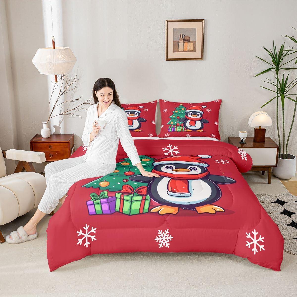 Erosebridal Christmas Penguin Comforter Set Queen Santa Hat Penguin Bedding Set Antarctic Animal Print Comforter for Kids Boys Girls,Xmas Tree Snowflake Gifts Quilt Duvet