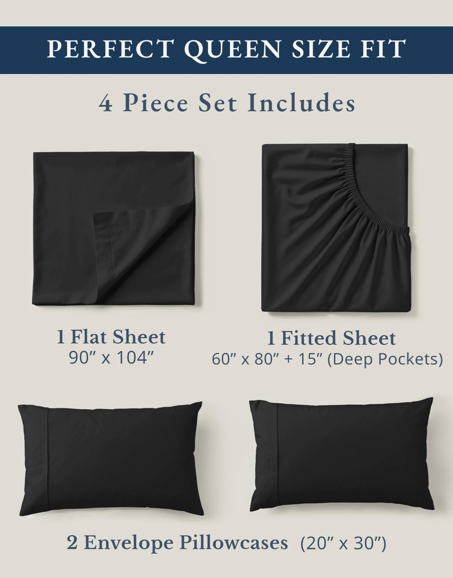LANE LINEN Queen Sheets Cotton 100% Organic Cotton GOTS Certified Percale Weave Deep Pocket 4 Piece Soft Breathable Cooling Lightweight All Season Machine Washable Crisp - Black