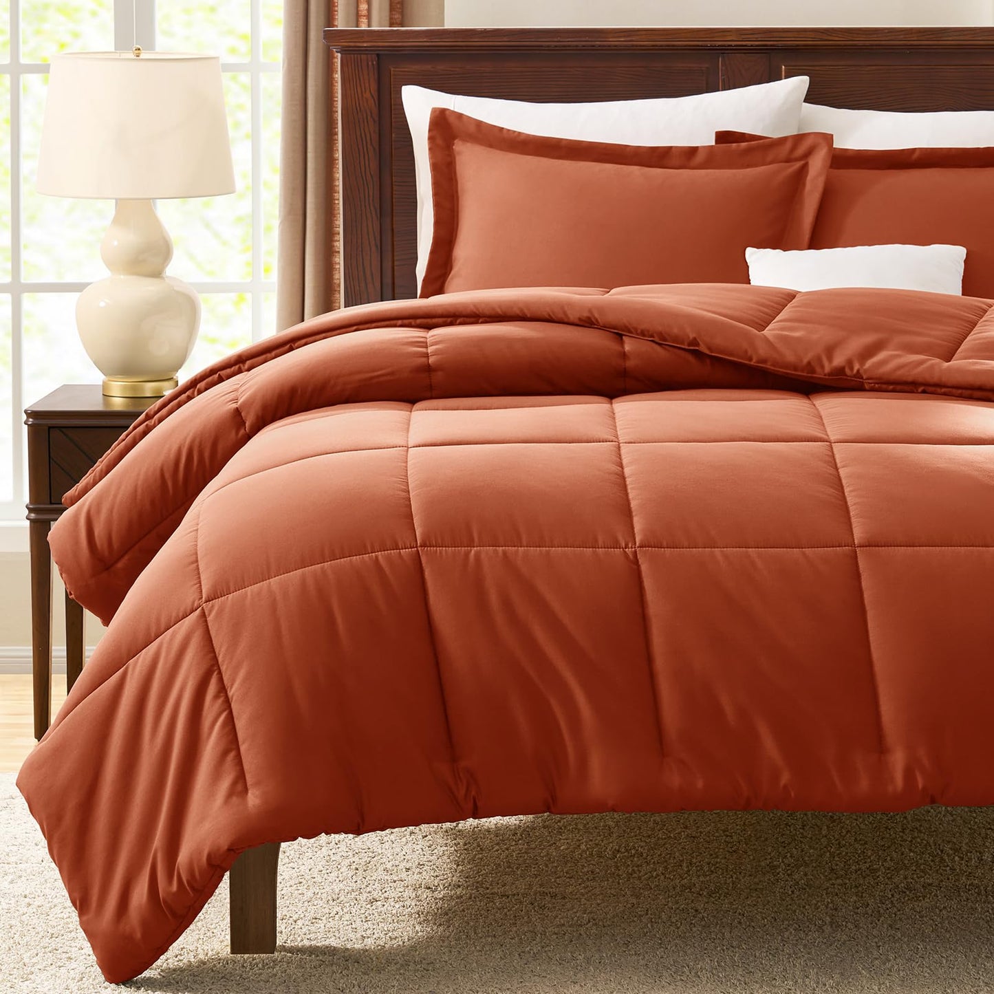 CozyLux Queen Comforter Set - 270GSM Terracotta Bedding Sets for All Seasons, 3 Pieces Box Stitched Bed Set with 1 Down Alternative Comforter and 2 Pillow Shams, Soft, Lightweight, Breathable