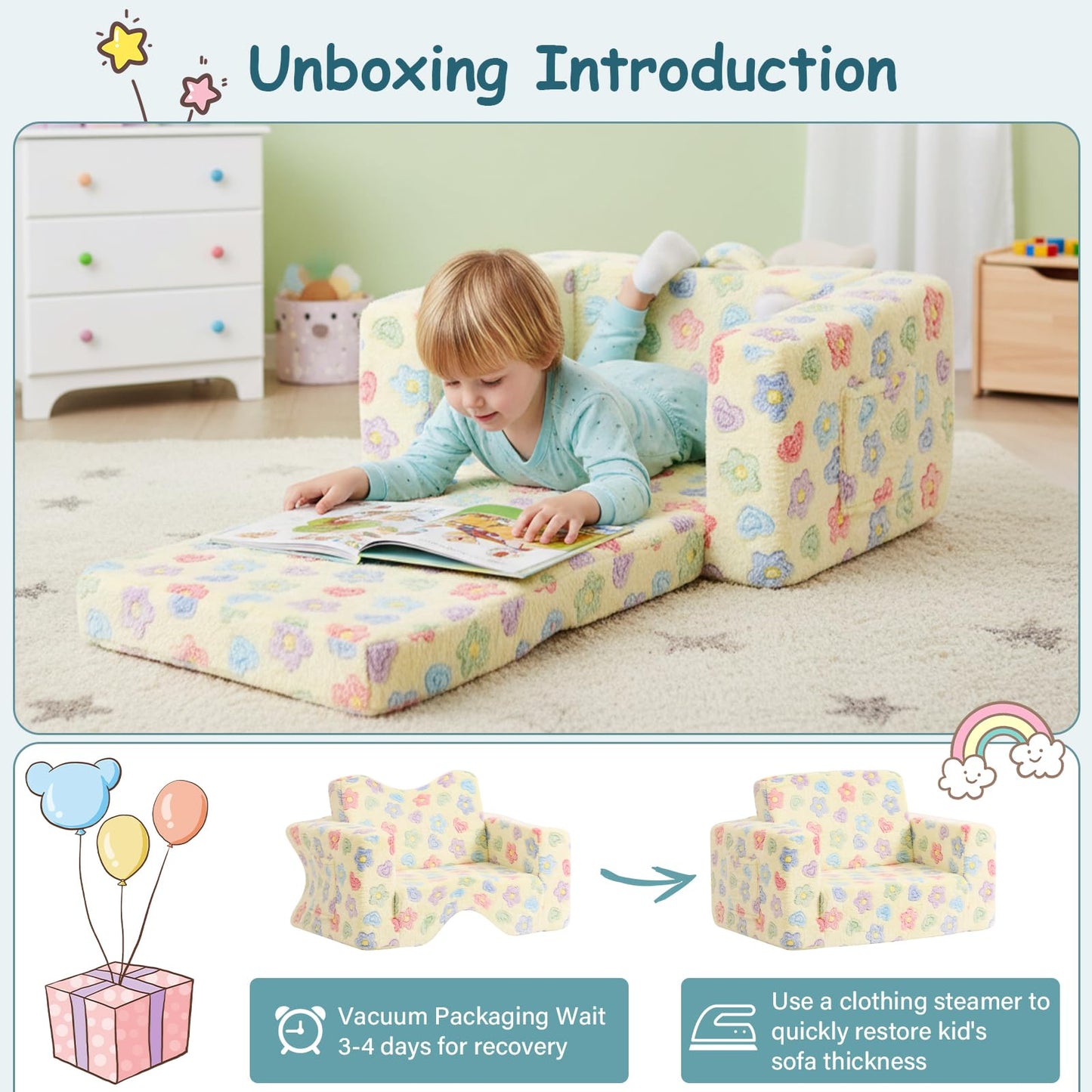 Tiita 2-in-1 Kids Sofa, Convertible Children Couch to Lounger, Flip Out Kids Chair, Toddler Armrest Chair Bed, Folding Kid Play Sofa for Girl or Boy, Flower