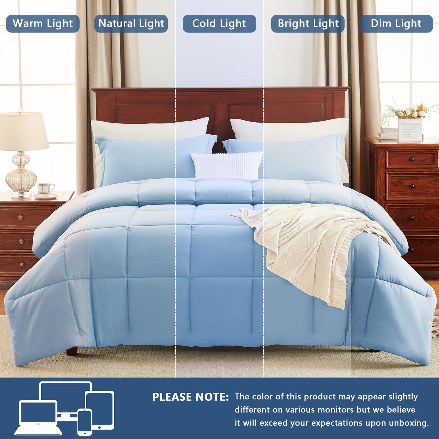 CozyLux Queen Comforter Set - 270GSM Baby Blue Bedding Sets for All Seasons, 3 Pieces Box Stitched Bed Set with 1 Down Alternative Comforter and 2 Pillow Shams, Soft, Lightweight, Breathable