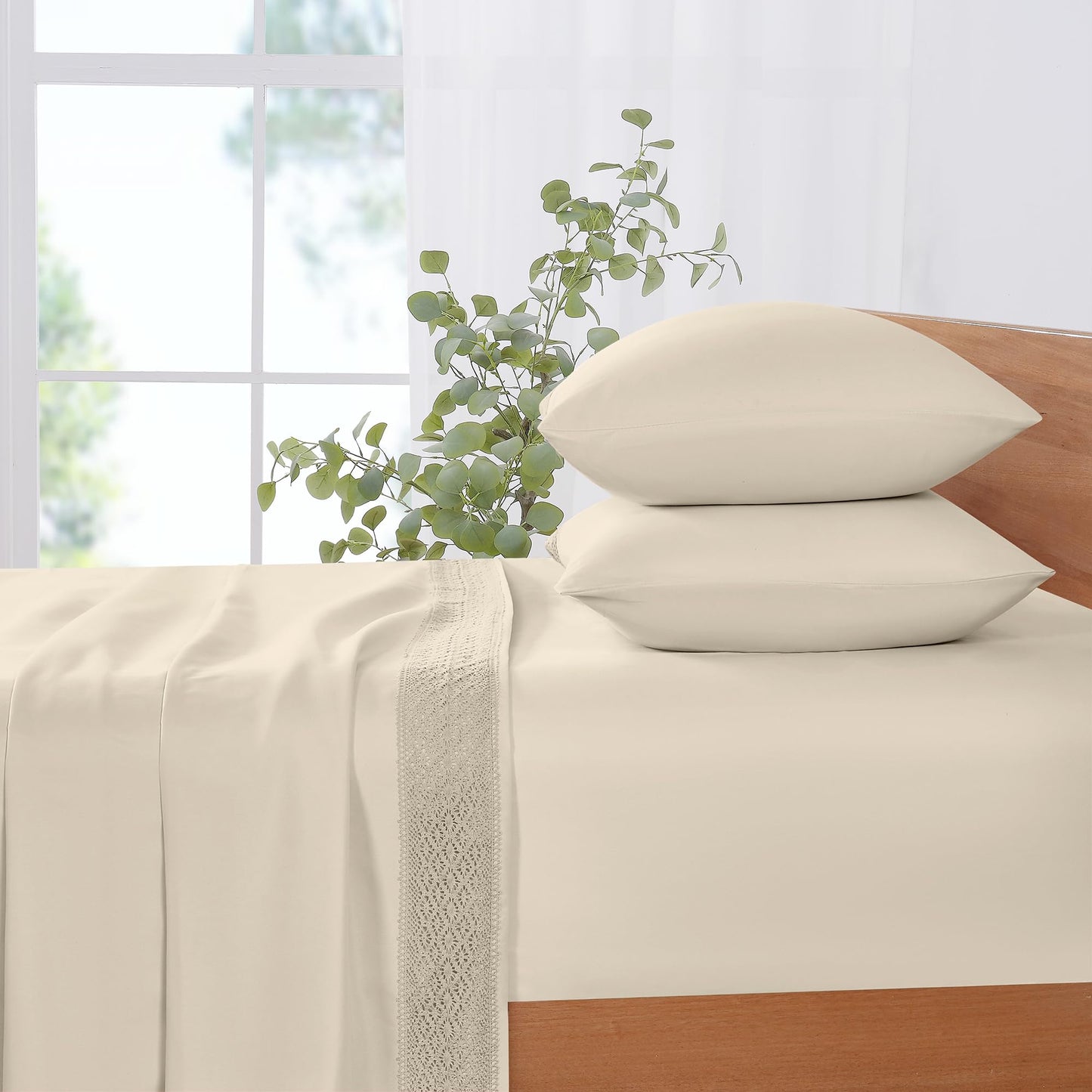 Modern Threads 4 Piece Microfiber Sheet Set – Soft Cooling Bed Sheets with Crochet Lace – Deep Pocket, Wrinkle Free, Breathable, Hotel Luxury Bedding, Beige, Queen