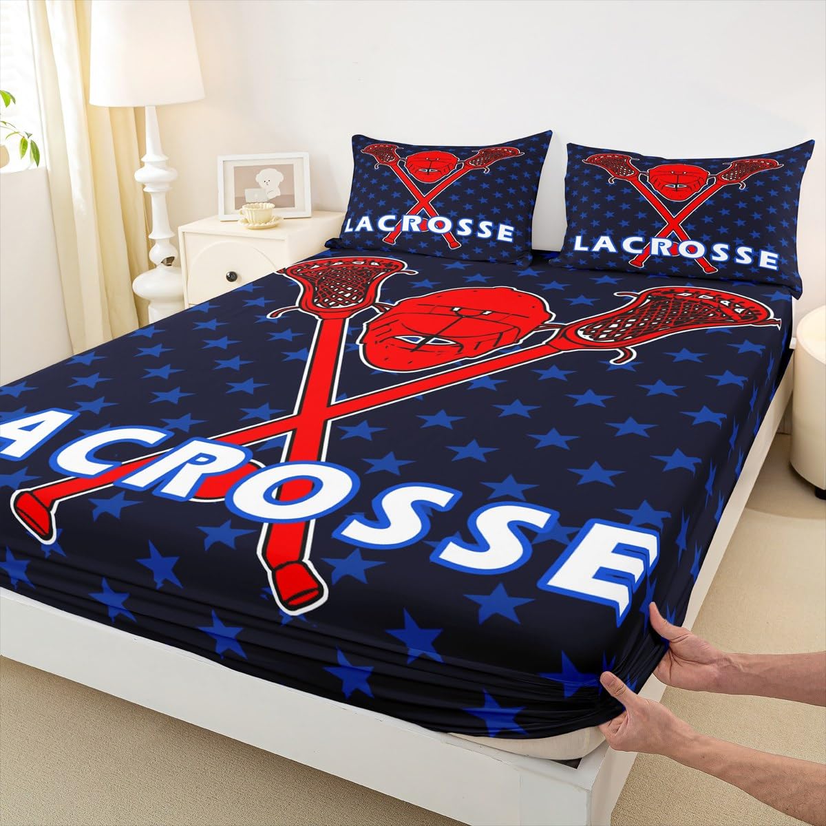 Lacrosse Fitted Sheet Blue Stars Lacrosse Balls Sticks Bedding Set for Kids Boys Girls Sports Games Bed Sheets Set Breathable Hockey Bed Cover Winter Sports Room Decor Bed Set Full Size