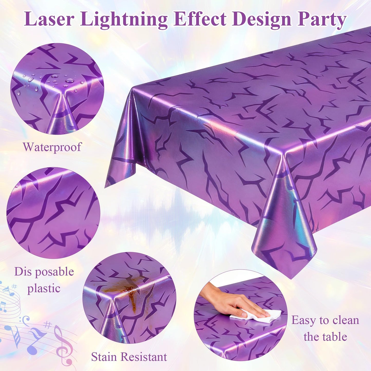 2 Pack Iridescent Holographic Laser Tablecloths, Purple Lightning Demon Energy Table Covers, Disposable Waterproof Birthday Plastic Table Covers for Girls Korean Idol Themed Disco Bachelorette Party