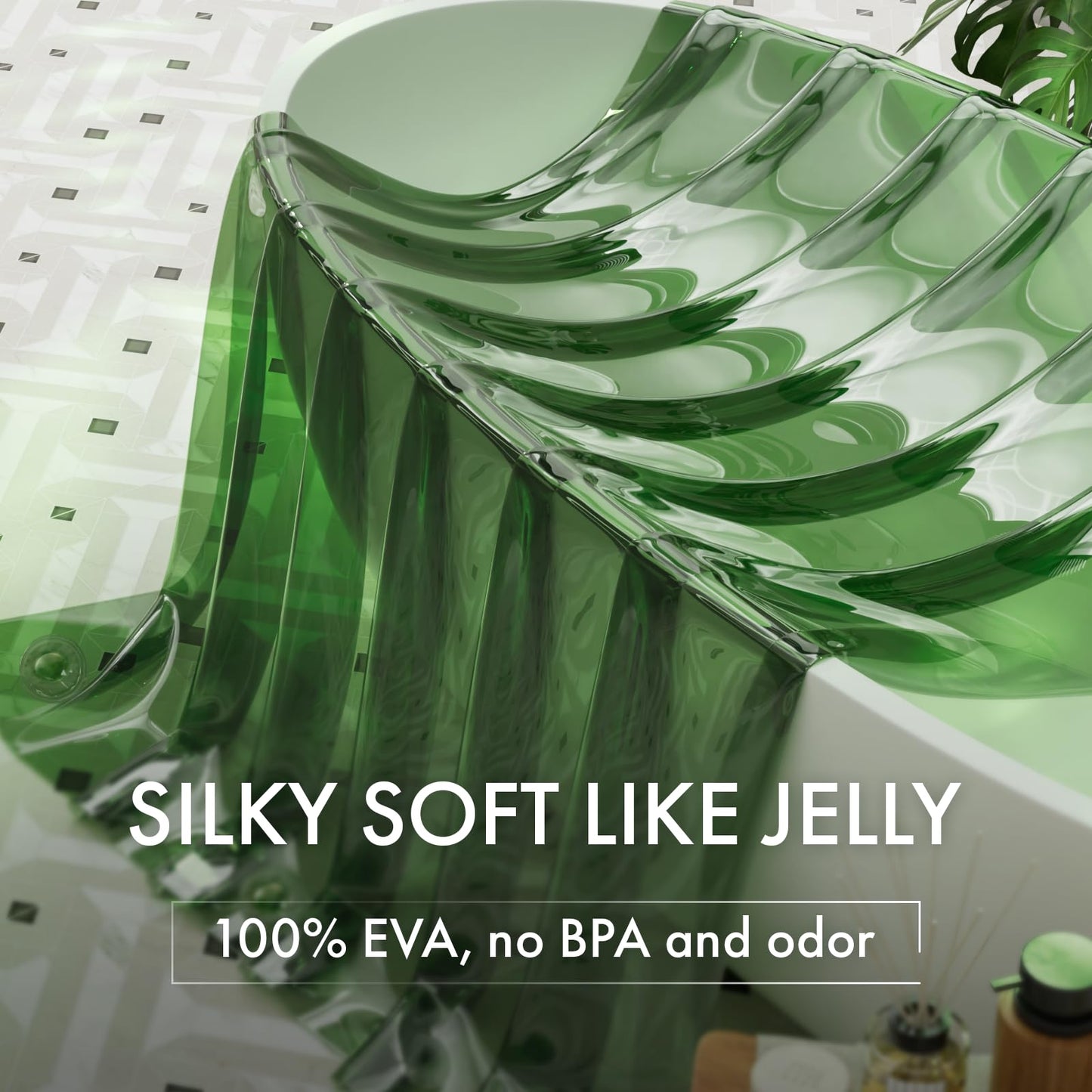 AmazerBath No Hook Shower Curtain Liner, 100% EVA Heavy Duty Hookless Shower Curtain and Liner 3-in-1, 72x75 Luxury Soft Shower Liner with 3 Heavyweight Stones, Clear Green