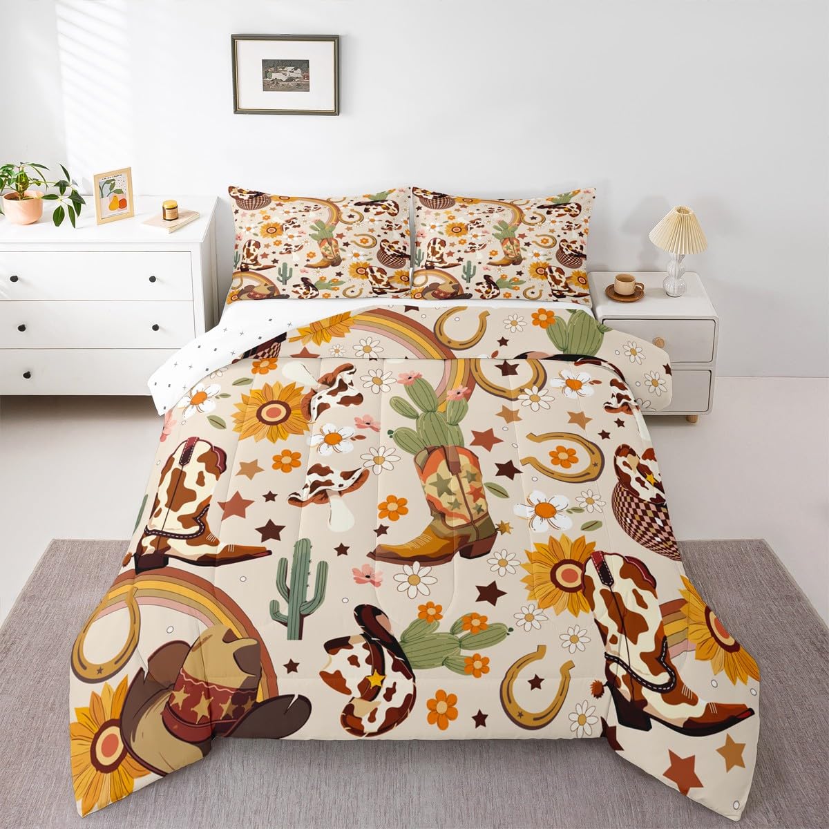 Feelyou Western Bedding Set Soft for Boys Girls, Cowgirl Floral Comforter Set Full Size Western Cowboy Boots Duvet Quilt Wild West Cactus Flower Bedroom Decor Light Beige 3 Pcs with 2 Pillow Cases