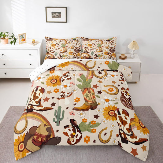 Feelyou Western Bedding Set Soft for Boys Girls, Cowgirl Floral Comforter Set Full Size Western Cowboy Boots Duvet Quilt Wild West Cactus Flower Bedroom Decor Light Beige 3 Pcs with 2 Pillow Cases