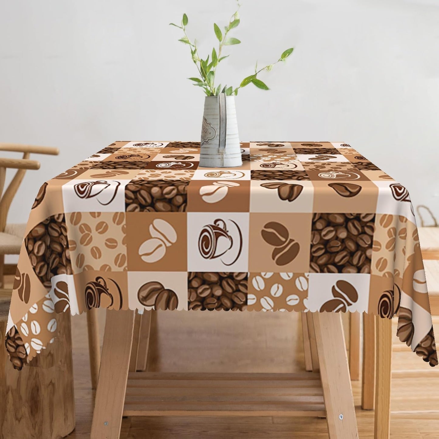 TTQYFNM 70x70inches Coffee Beans Print Tablecloth Coffee Cup Hand Drawn Sketch Retro Plaid Tablecloths Waterproof Spill Proof Square Table Cloth Cover for Dining Room Kitchen Coffee Shop Decor