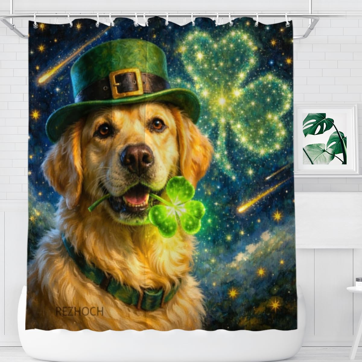 REZHOCH Funny Dog Shower Curtain Lucky Golden Retriever St. Patrick's Day Oil Painting Bath Curtain Decor Green Clover Starry Night Animal Home Bathroom Set 72x72Inch with 12 Hooks