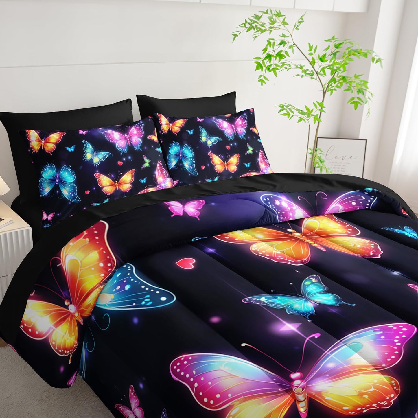 XYNHML Colorful Gradient Butterfly Comforter 7Pcs Tie-Dye Heart Print Bedding Set for Kid Teen Girl Boy Adult Sparkling Aesthetics Quilt Bed Set Twin with 2 Sheets,2 Pillowcases,2 Throw Pillow Covers
