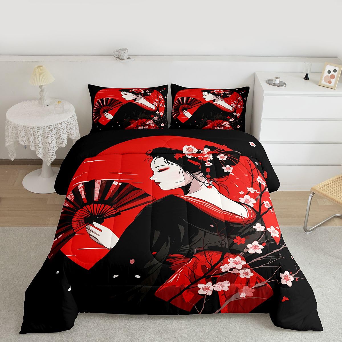 jejeloiu Japanese Geisha Comforter Set Queen Size Cherry Blossom Bedding Set for Kids Boys Girls Red Sun Duvet Quilt Japanese Ukiyoe Bedroom Decor Microfiber 3 Pcs with 2 Pillow Cases