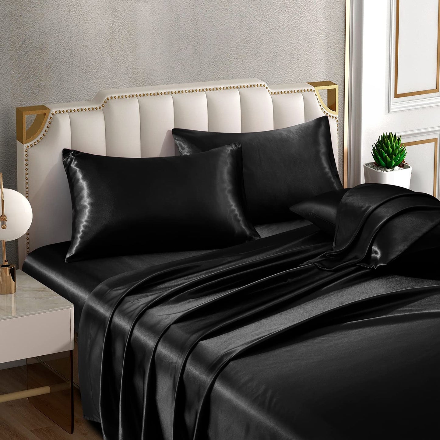 Horbaunal 6 Piece Satin Sheet Set King Size Luxury Silky & Soft Black Satin King Bed Sheet Set with 16" Deep Pocket, 1 Fitted Sheet, 1 Flat Sheet, 4 Pillowcases