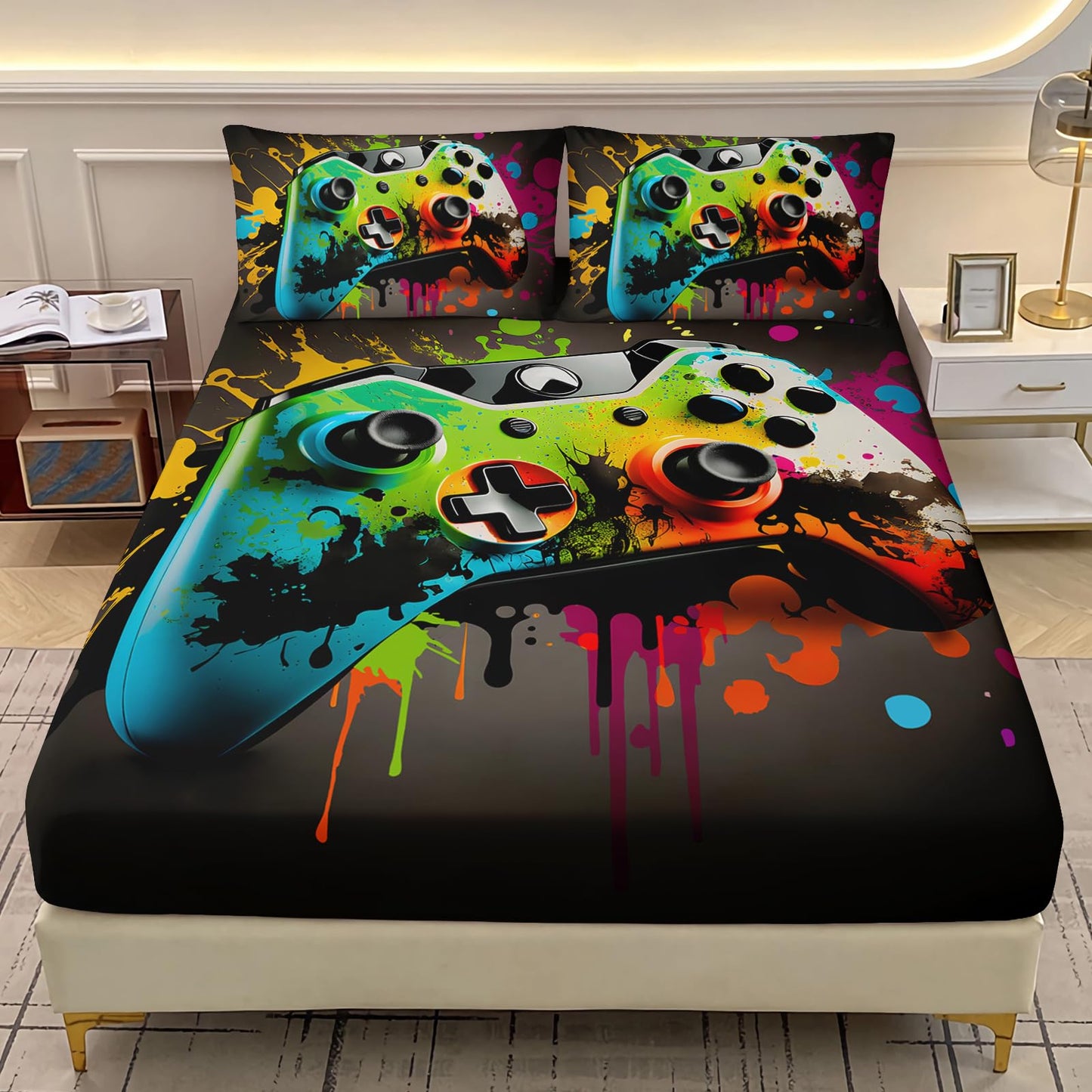 AILONEN Gaming Gamer Bedding Sheets Full Size,Graffiti Hip Hop Video Game Controller Gamepad Fitted Sheet with 2 Pillowcases,3Pcs