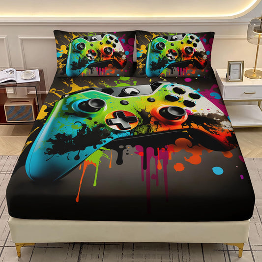AILONEN Gaming Gamer Bedding Sheets Full Size,Graffiti Hip Hop Video Game Controller Gamepad Fitted Sheet with 2 Pillowcases,3Pcs