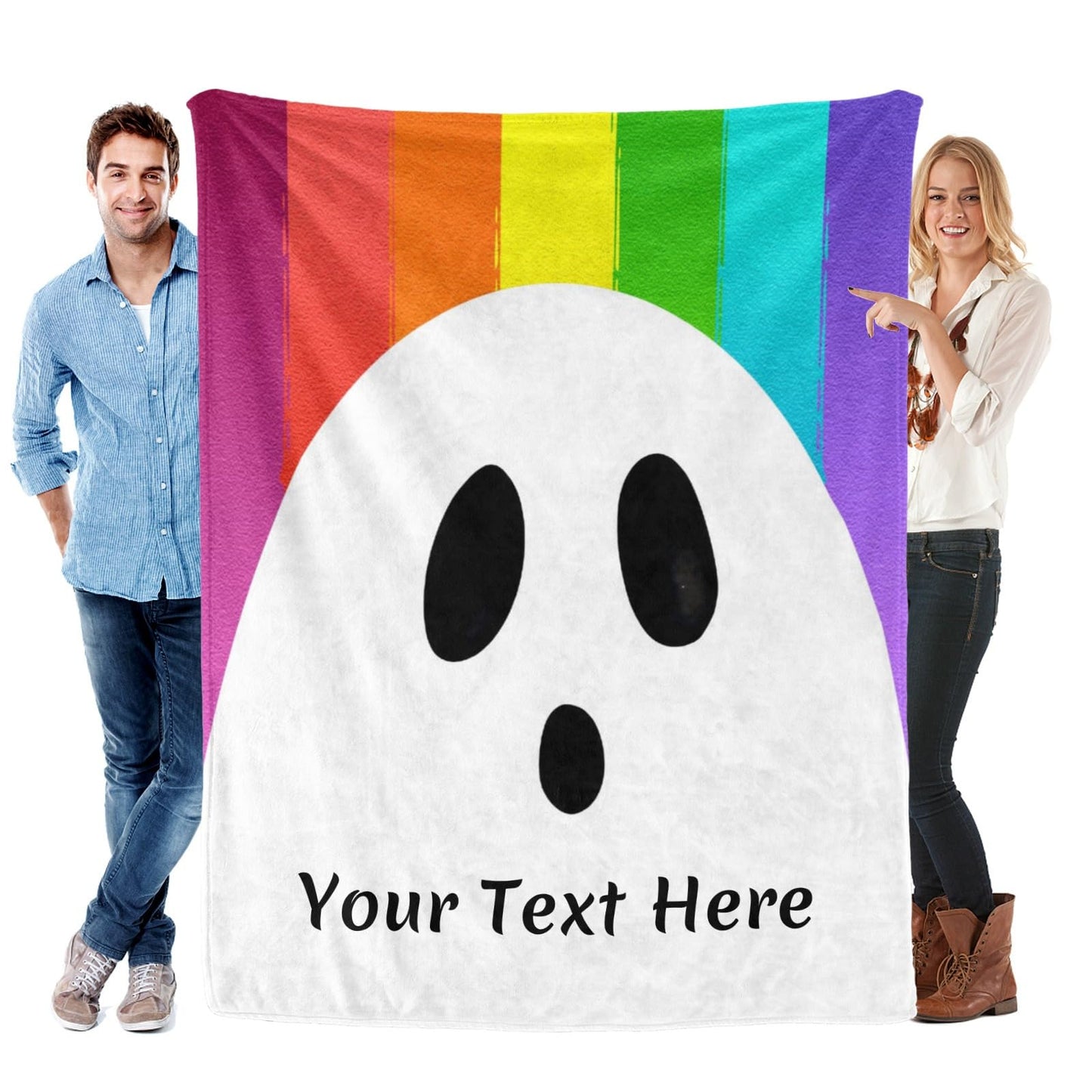 CUSFOU Halloween Throw Blanket, Ghost Rainbow, Customizable Blanket with Name, Personalized Flannel Blanket for Couch Sofa, 50 x 60 Inches