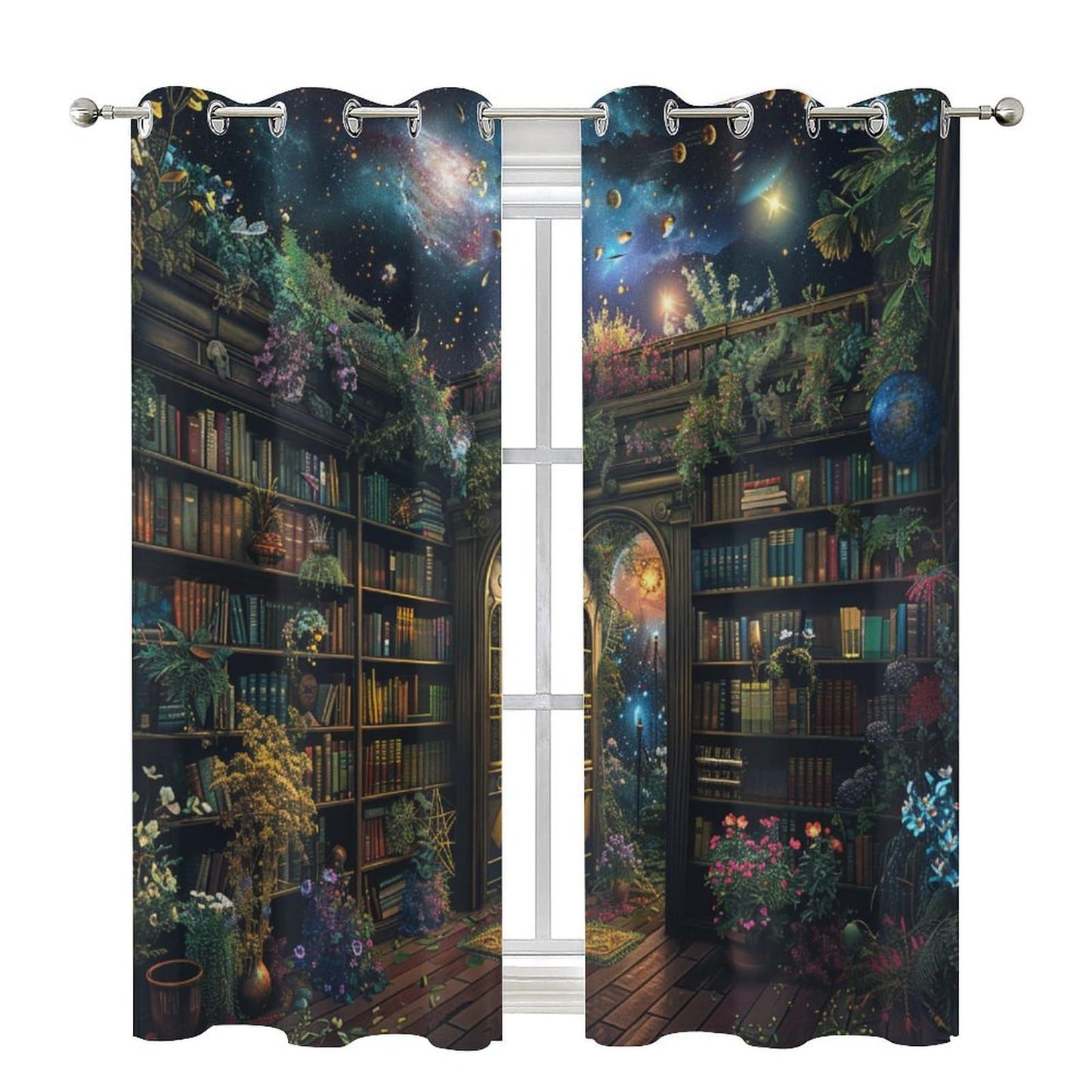 HDESDIS Bookshelf Fantasy Grommet Blackout Curtains for Bedroom, Mystical Space Star Library Thermal Insulated Curtains Room Darkening Window Drapes, 21W x 45L, 2 Panels