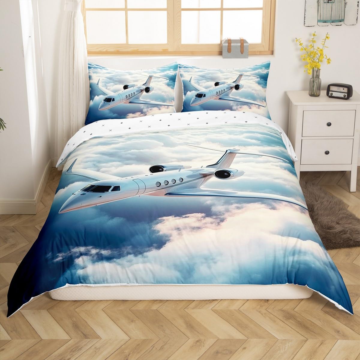 Feelyou Kids Aircraft Bedding Set Queen Size,3D Airplane Duvet Cover Boys Girls Fighter Plane Comforter Cover Sky Planes Teens Bedspread Cover Bedroom Decor Quilt Cover (No Comforter)