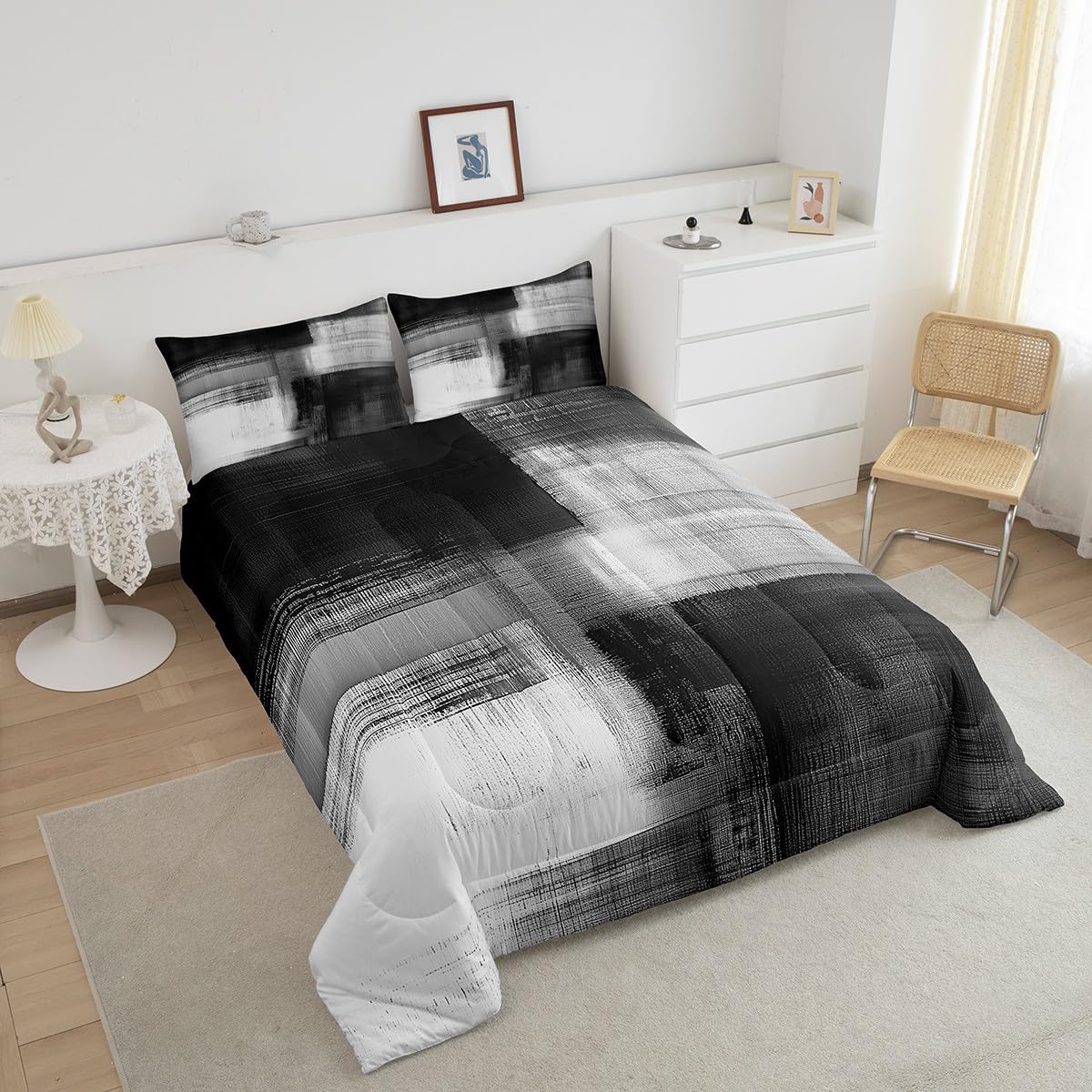 Feelyou Gray Abstract Art Comforter Set for Kids Boys Girls Modern Art Bedding Set Queen Size Abstract Oil Painting Duvet Quilt Geometric Bedroom Decor Breathable Soft Lightweight Microfiber 3Pcs