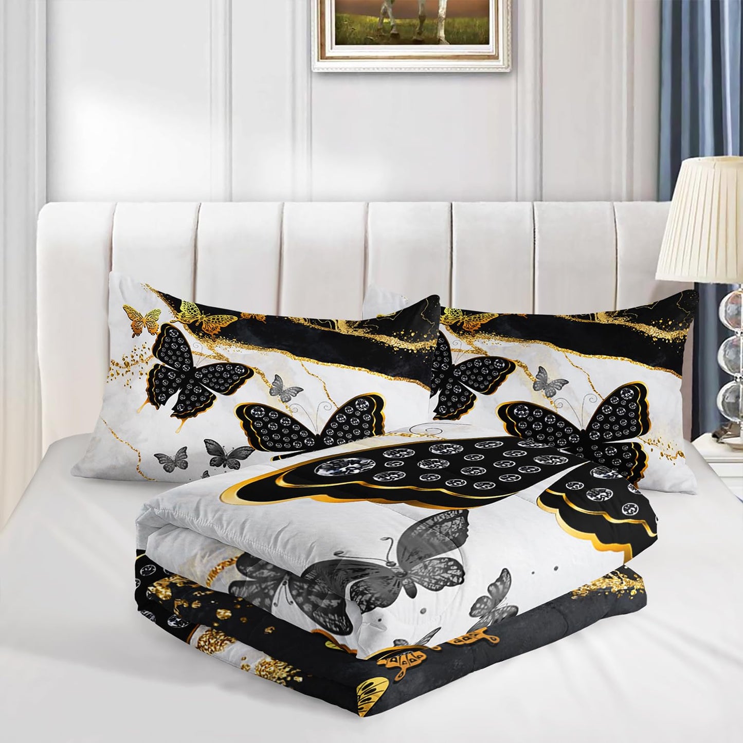 UEVBF Kids Bedding Twin Size Comforter Set,Black and Gold Butterfly Bedding Comforter Sets for Boys Girls Room Decor,Marble Texture Artistic Aesthetic Bedding Sets with 2 Pillowcases.