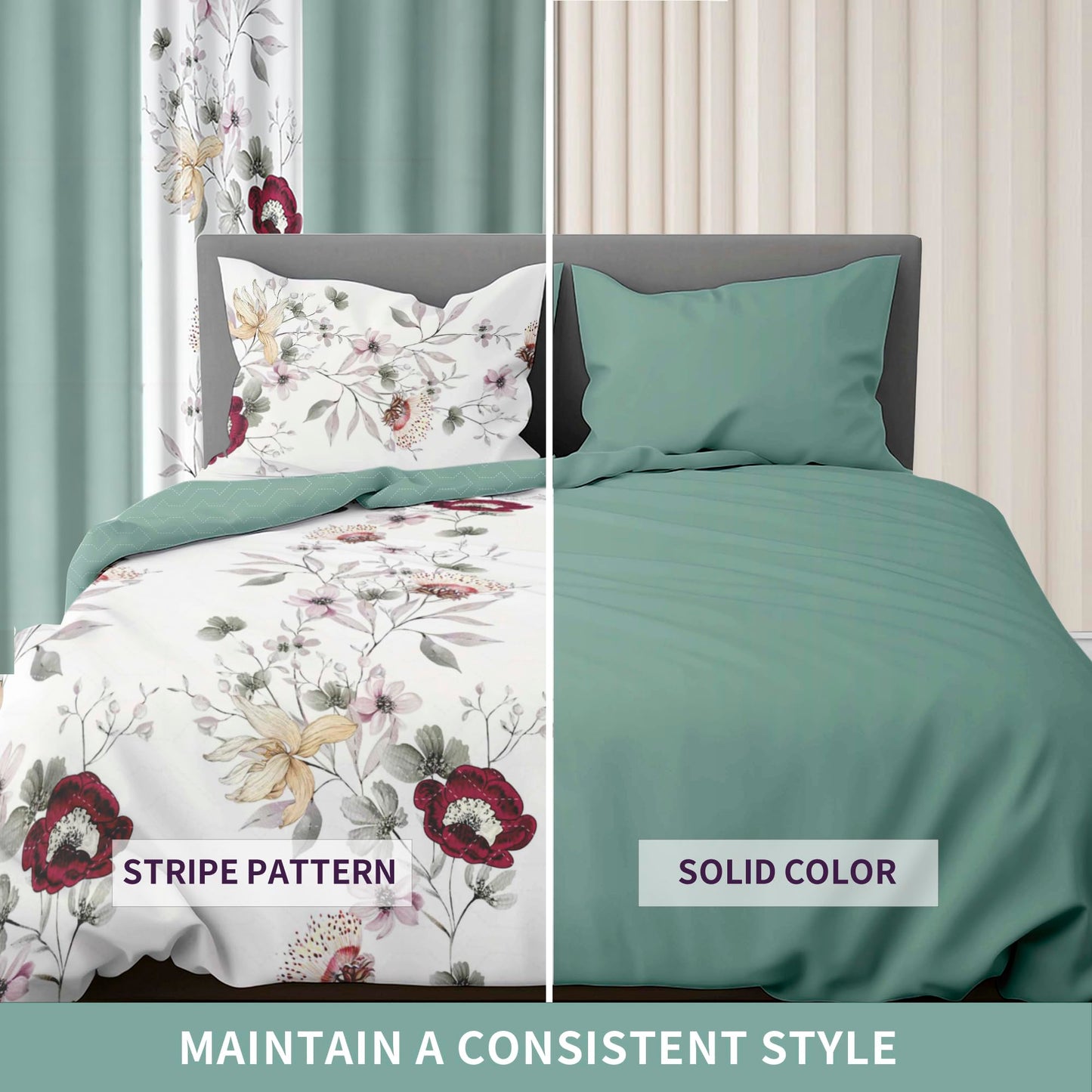 Deepsleep King Bedspread Set 9 Pieces, All Season Luxury Bed in a Bag for Bedroom, with 2 Pillowcases and 6 Curtains, Ultra-Soft Microfiber for Complete Bedroom Decor, Green Flowers