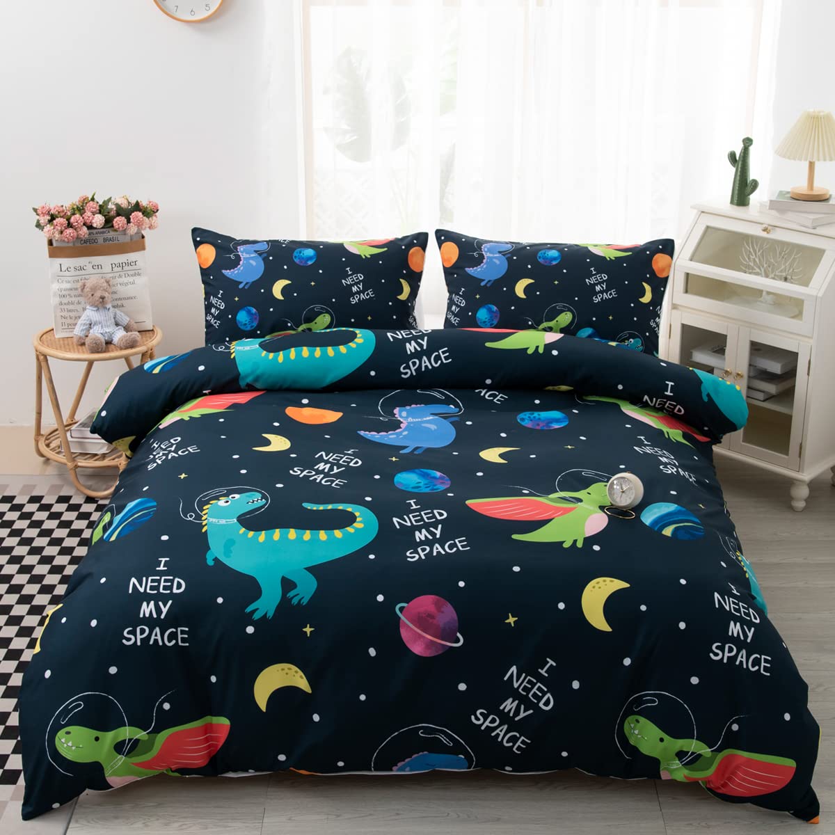 CVHOUSE Dinosaur Bedding Queen Size,Space Dinosaur Bedding Set for Boys Kids Teens,Nave Blue Comforter Set Cover Soft,1 Duvet Cover 2 Pillowcases 3 Piece,Boy's Bedroom Decor