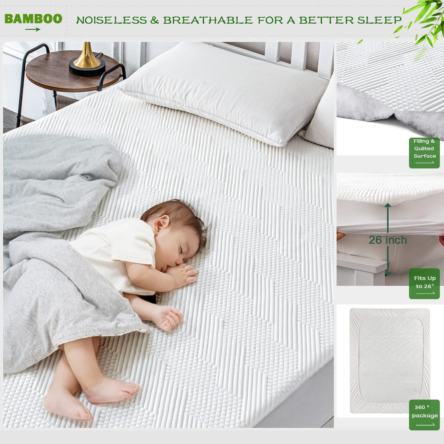 GRT Waterproof California King Mattress Protector Rayon Bamboo - 3D Air Fiber Cooling Mattress Cover Breathable Ultra Soft, Mattress Pad Noiseless Fits up to 26'' Deep Pocket Machine Washable