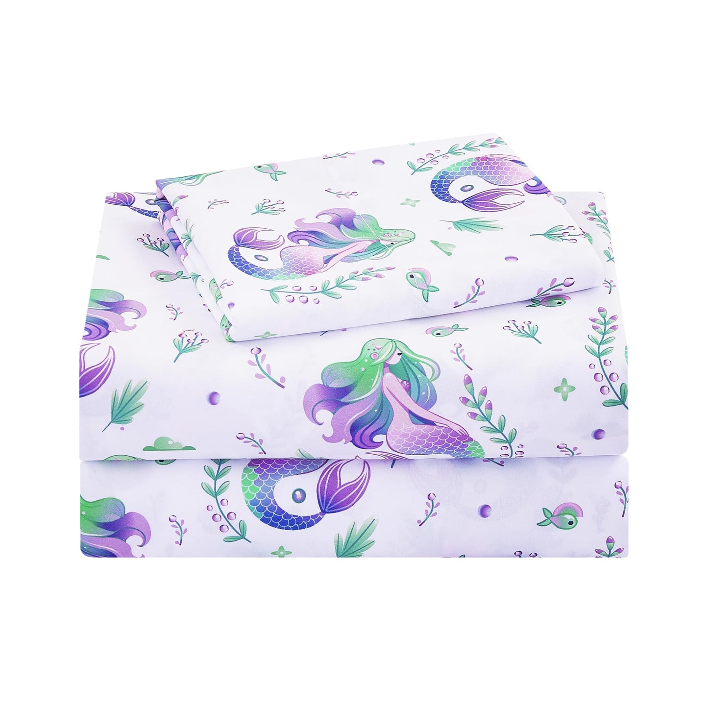 lasoftan Kids Sheet Set Twin Size, Twin Sheet Set with Mermaid Pattern，Breathable Silky Soft Microfiber Kids Fitted Sheet