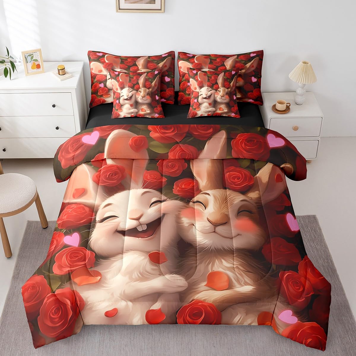 Erosebridal Cartoon Rabbit 7 Piece Bedding Set for Kids Teen Boys Girls,Valentine's Day Rose Comforter Set Full Size,Cute Animal Couple Bed in A Bag Red Romantic Flowers Love Sheet Set with Comforter