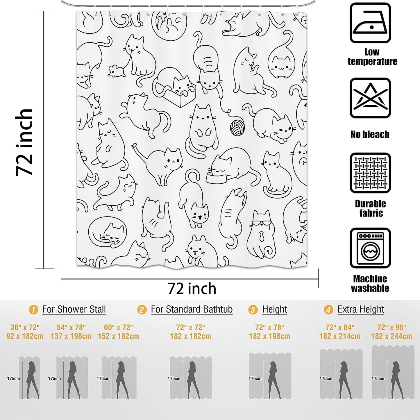 Emwnodti Cat Shower Curtain, Black and White Cute Cats Funny Bath Curtain Decor, Cute Shower Curtian for Kid, Polyester Fabric Waterproof Durable Bathroom Accessories Set with 12 Hooks 72x72 in