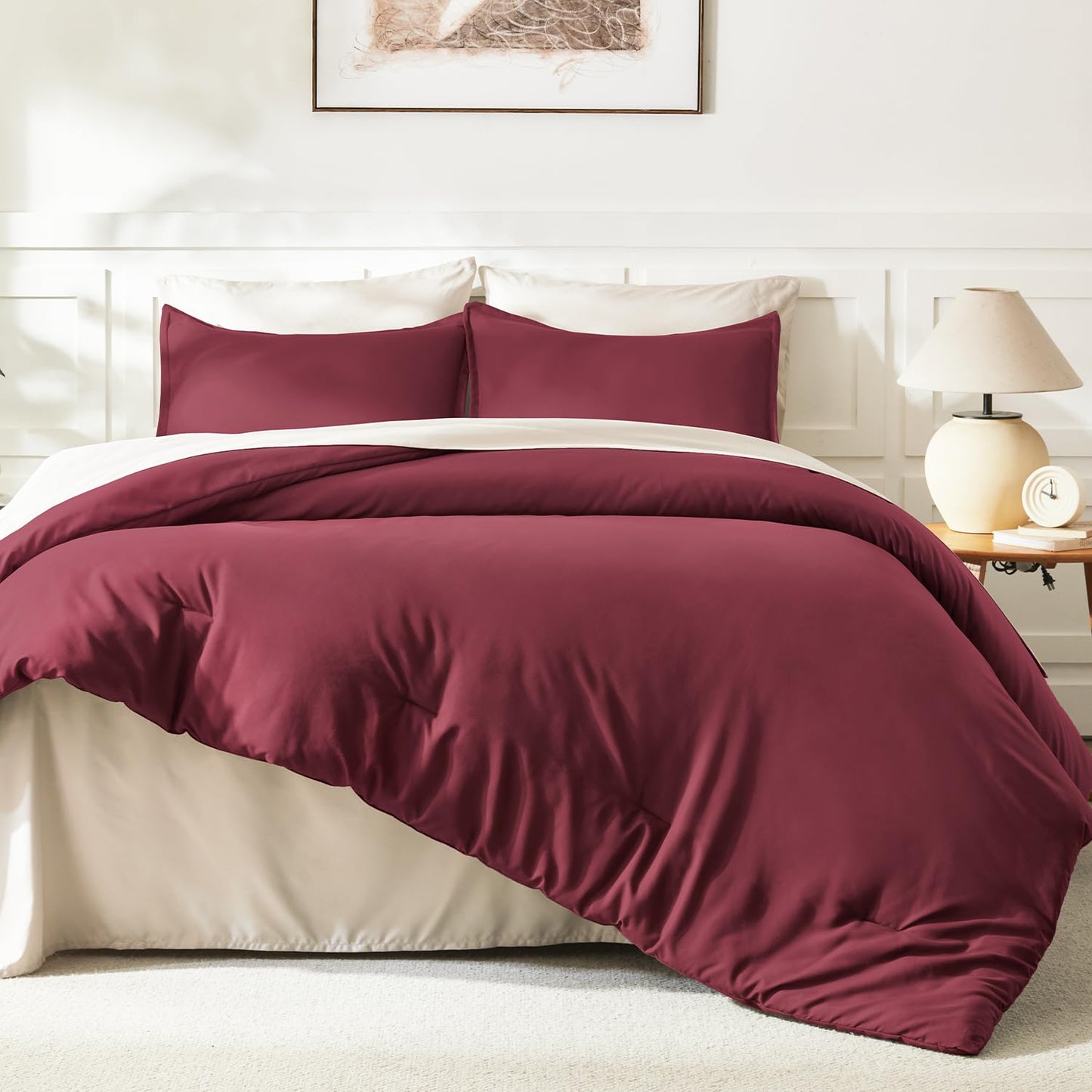 Litanika Burgundy Red Comforter Set King Size, 3 Pieces Lightweight Solid Bedding Comforter Set, All Season Fluffy Bed Set (104x90In Comforter & 2 Pillowcases)