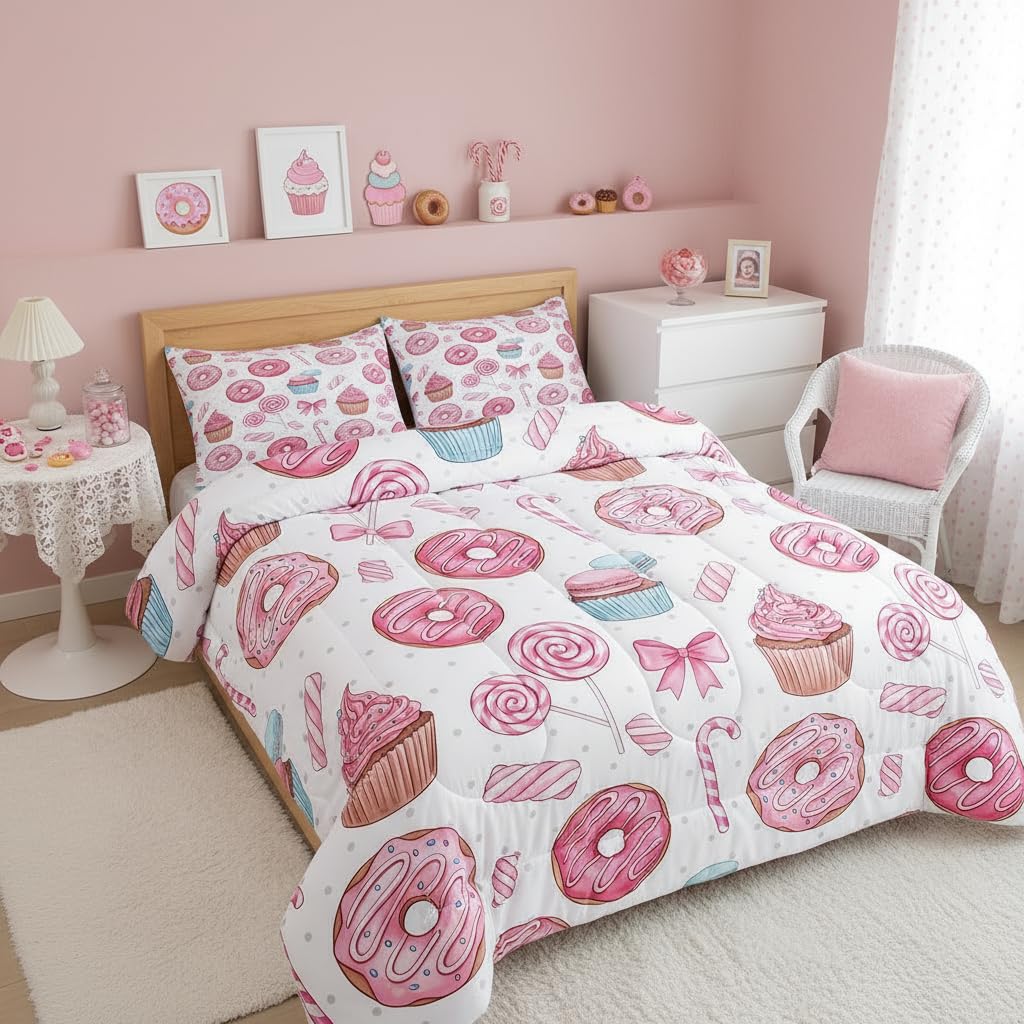 Manfei Pink Doughnut Bows Comforter Set 2Pcs Cartoon Lollipop Candy Twin Size Bedding Set Dreamy Girly Dessert Duvet Insert for Kids Girls Adult Room Decor(1 Comforter,1 Pillowcase) Chocolate Donut