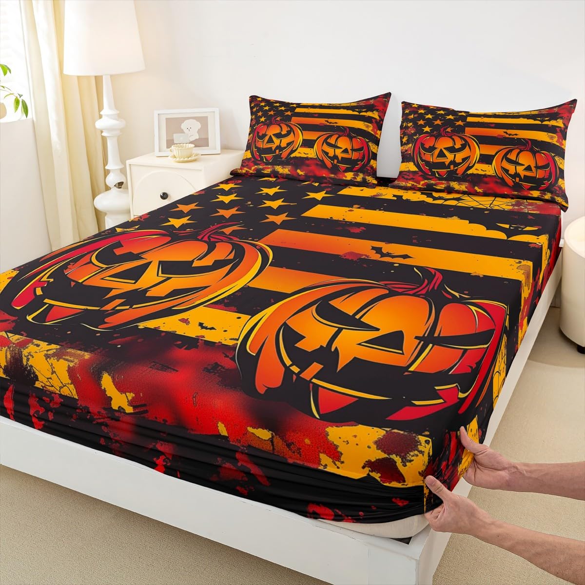 Feelyou American Flag Fitted Sheet Full Size for Kids Boys Girls Halloween Pumpkin Bed Sheets Set 16" Deep Pocket Soft Breathable Microfiber Halloween Decor Bedding with 2 Pillowcases Gothic