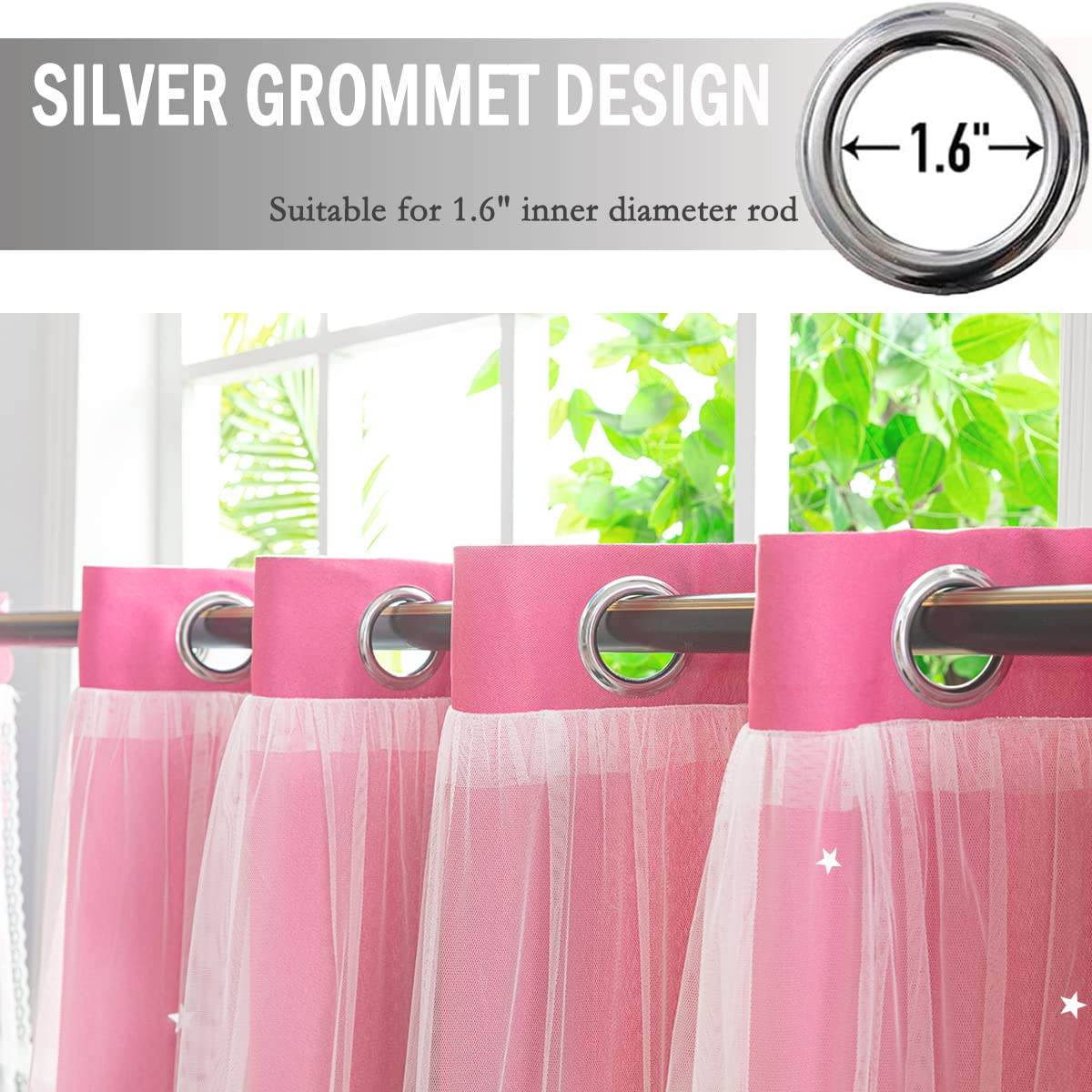 Yancorp Kids Curtains for Girls Bedroom Princess Curtains for Daughter Room 84 Inches Long Star Curtains with Tieback & 3 Bowties(Pink Purple,W52*L84),1 Panel
