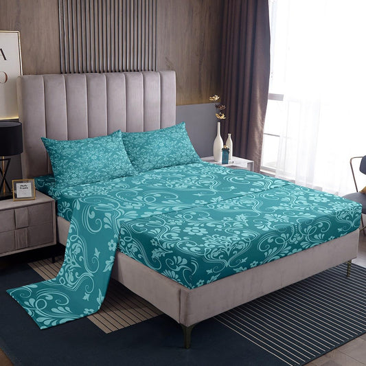 Feelyou Adults Teal Vintage Damask Floral Sheet Set Oriental Antique Sheets with Deep Pocket Fitted Sheet Full Size Gothic Bohemia Boho Flower Bed Sheets Set Bohemian Exotic Bedding Set Bed Set 4Pcs