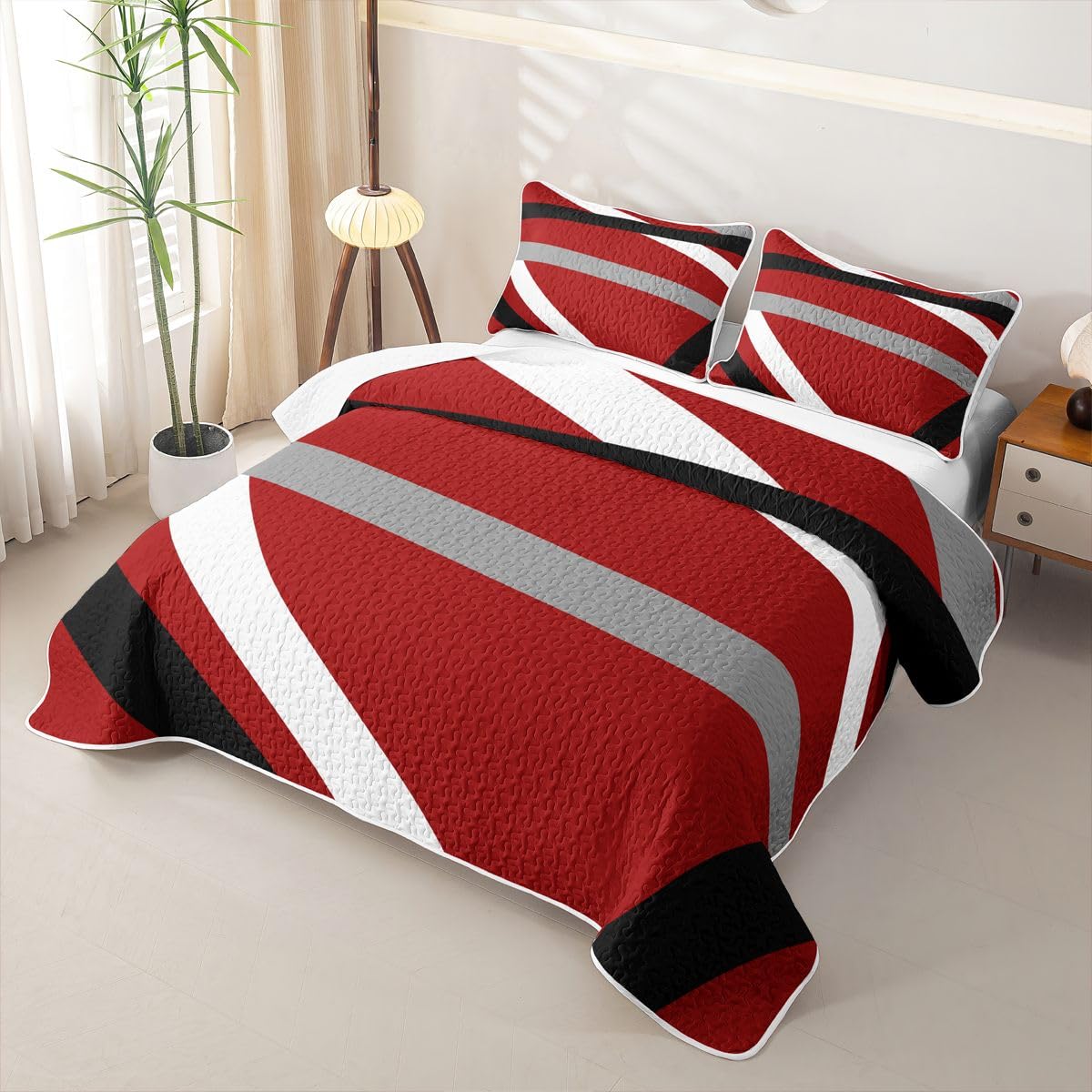 Erosebridal Red Gray Black Striped Quilt Twin Modern Abstract Quilt Set Geometric Lines Quilted Bedspread Aesthetic Boho Coverlet with 1 Pillowcase