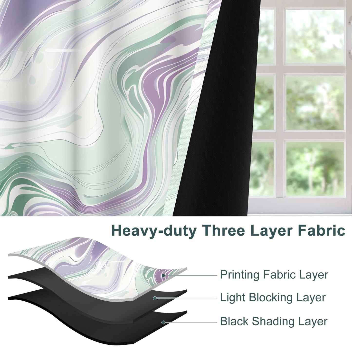 Xiazhilaio Abstract Fluid Art Blackout Curtains 2 Panels Set - Mint Green & Lavender Marble Pattern Window Drapes, Thermal Insulated Room Darkening Curtains for Modern Bedroom Decor, 52x84 Inch