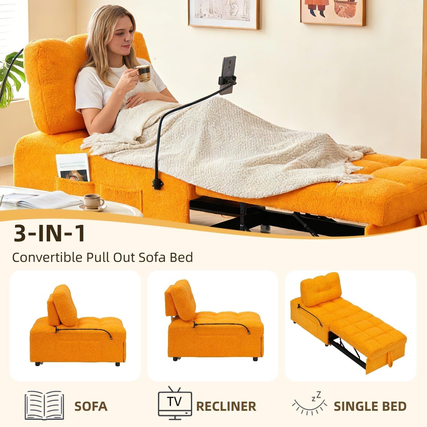 JvFun 40" L Convertible Sofa Bed, 3-in-1 Multifunctional Lounge Sleeper,Pullout Guest Bed with Side Pocket & Phone Holder, Adjustable Backrest | Design for Small Spaces, Living Room & Bedroom,Orange