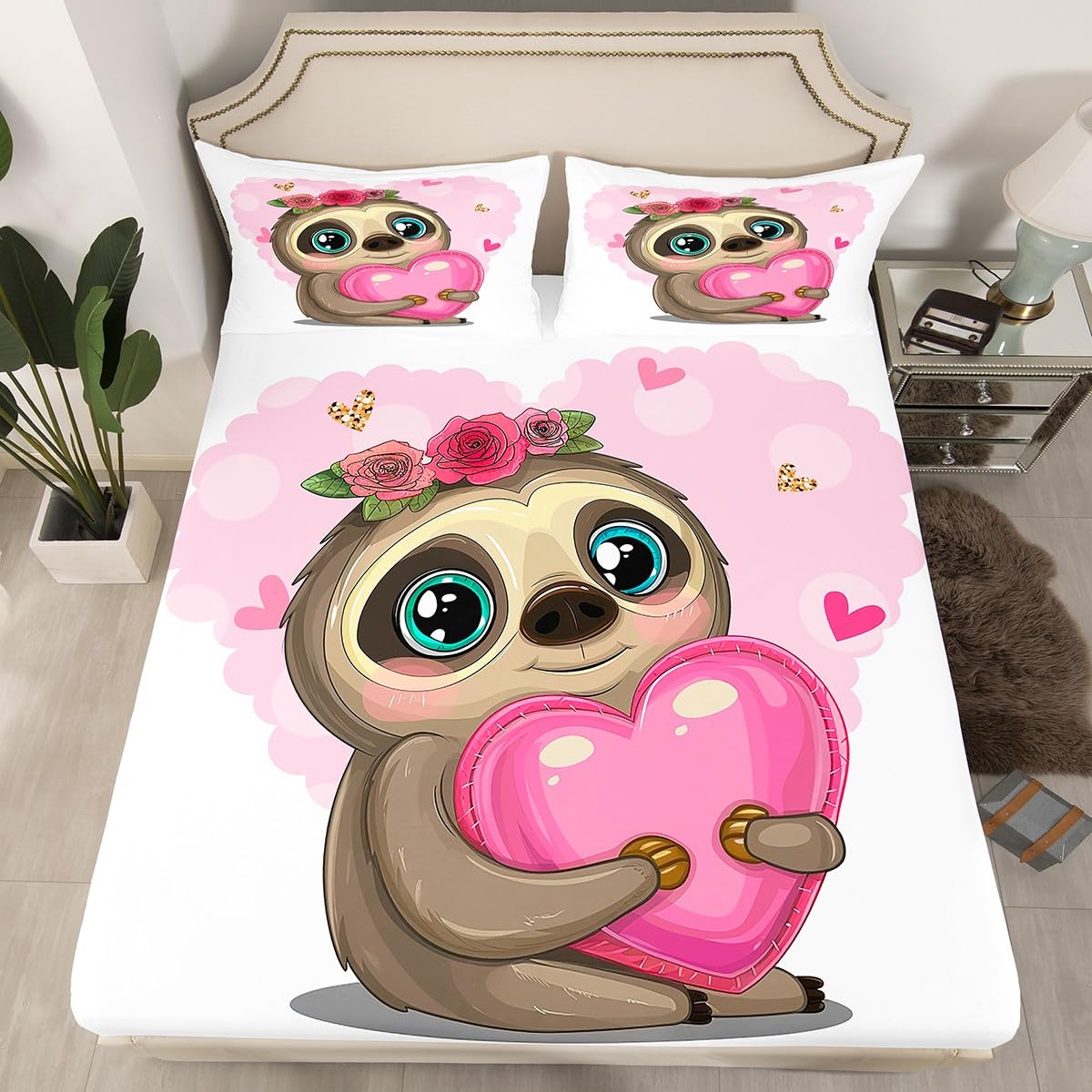 Kids Cute Sloth Fitted Sheet Cartoon Sloth Printed Bedding Set for Boys Girls Children Flowers Pink Heart Bed Sheet Set Lovely 3D Animal Theme Bed Cover Room Decor Twin Size 2Pcs