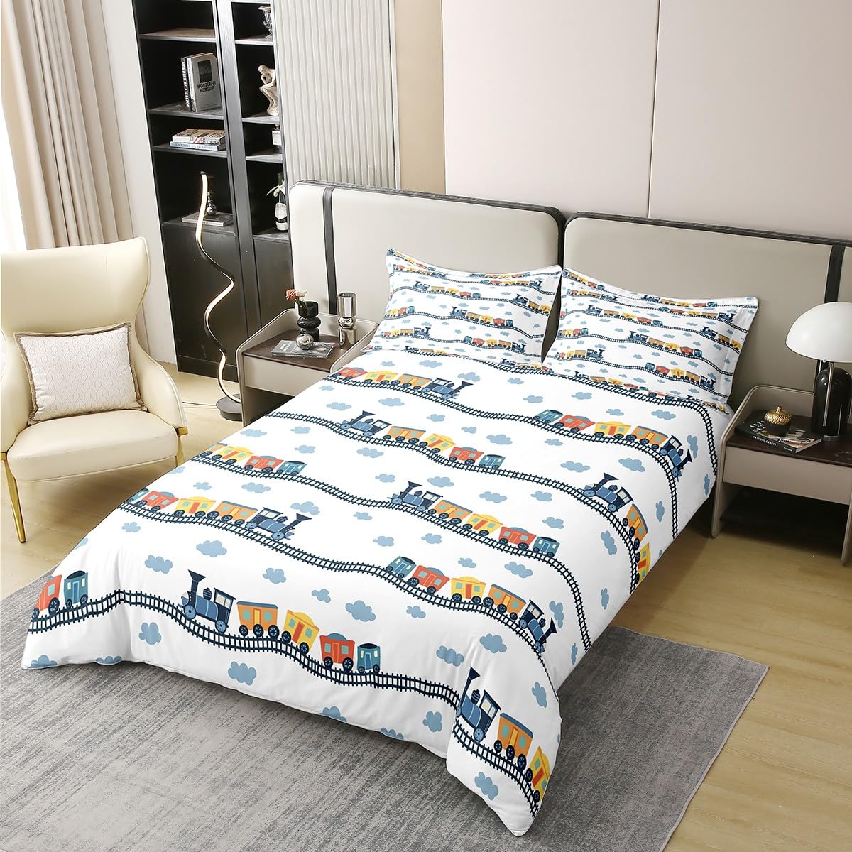 Erosebridal 100% Cotton Kids Train Comforter Cover Twin for Boys Girls Cartoon Car Bedding Set Steam Engine Duvet Cover Railway Vehicles Bed Set Transportation Truck Quilt Cover with 1 Pillow Case