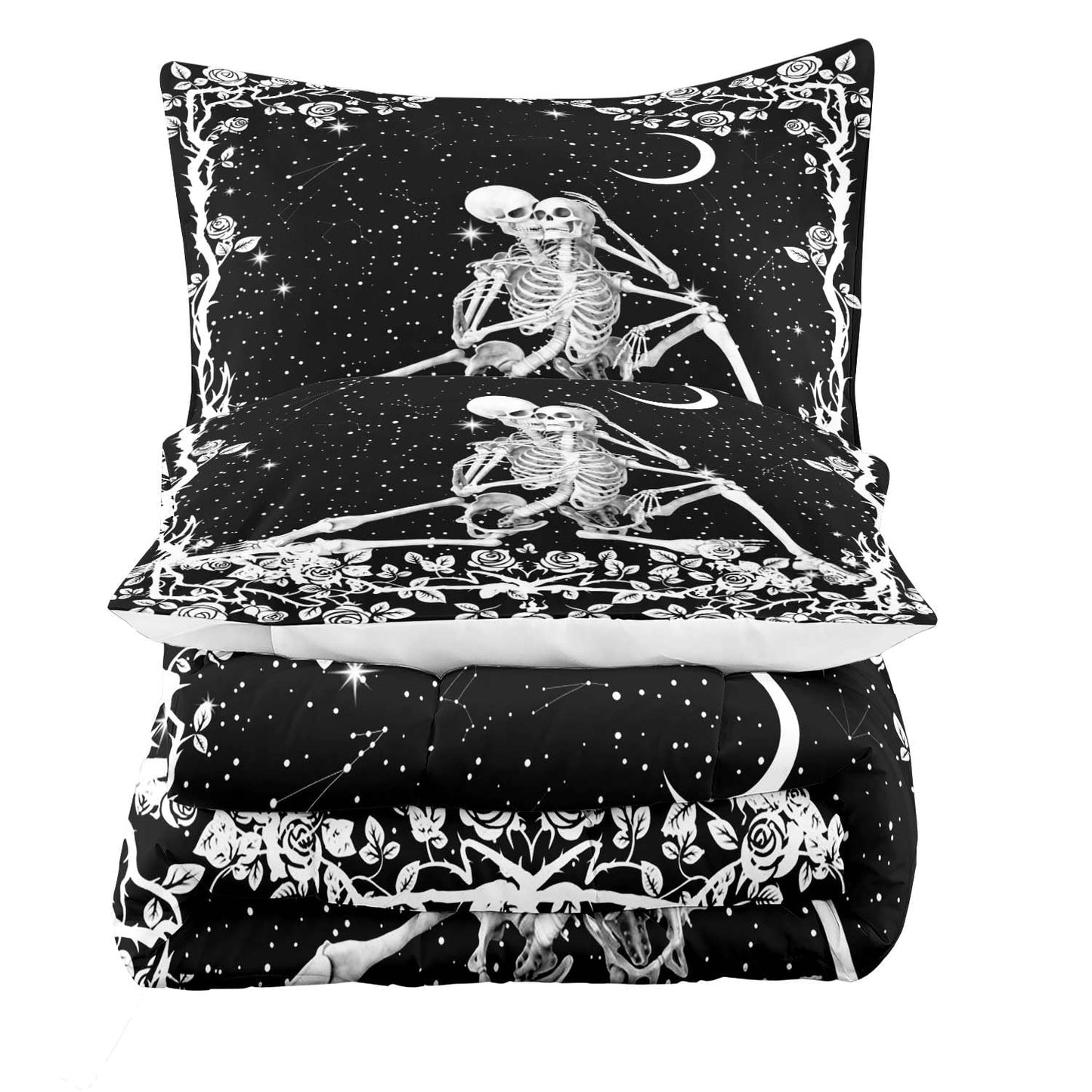 LUVIVIHOME 3PCS Skull Bedding Sets, Black & White Comforter Set King Size, Moon Stars Rose Floral Skeleton Lovers Romantic Bedroom Decor for Women Men, Microfiber Quilt, Couples Gifts, 2 Pillow Shams