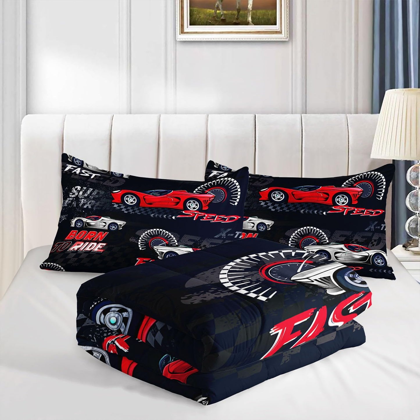 Smell Sunshine Red Sports Car Comforter Set Cool Sports Printed Bedding Set with 1 Comforter and 2 Pillowcases for Boys and Girls Bedroom All Season(Car-2 Twin)