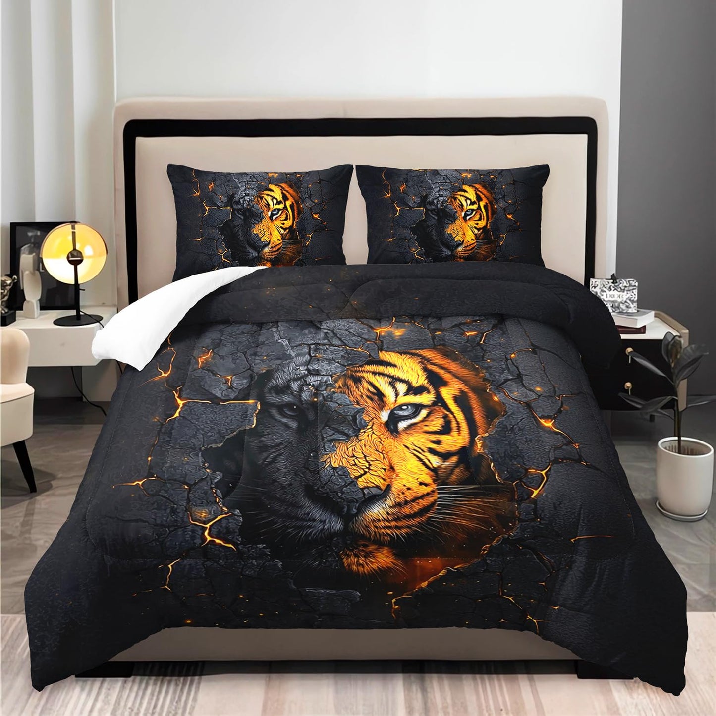 XYNHML 3D Wildlife Tiger Printed Comforter Set 3Pcs Twin Wild Hunting Tiger Bedding Set for Kid Teen Boy Girl Adult Tropical African Jungle Animal Quilt Bed Decor with 1 Comforter & 2 Pillowcases
